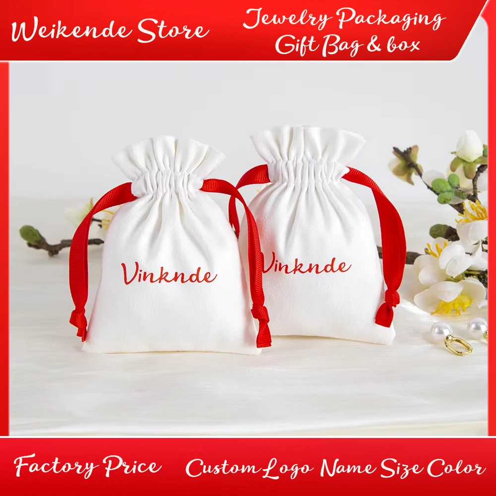 

100Pack Custom Logo Flannel Drawstring Bags Jewelry Pouches for Christmas Birthday Party Wedding Favors Gift Candy Headphones