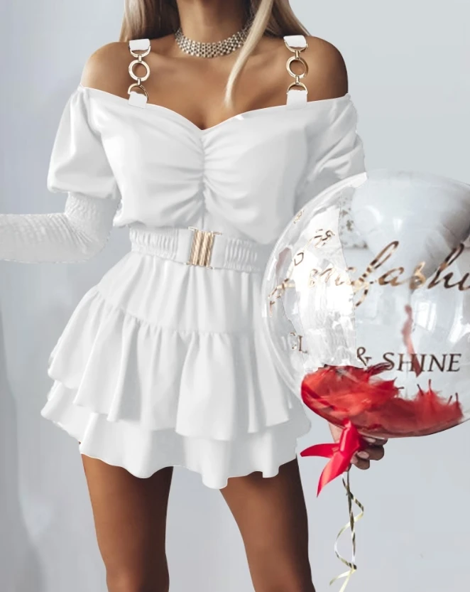 2023 Autumn Spring New Fashion Casual Elegant Evening Party Dresses Women Sexy Cold Shoulder Shirred Puff Sleeve Casual Dress
