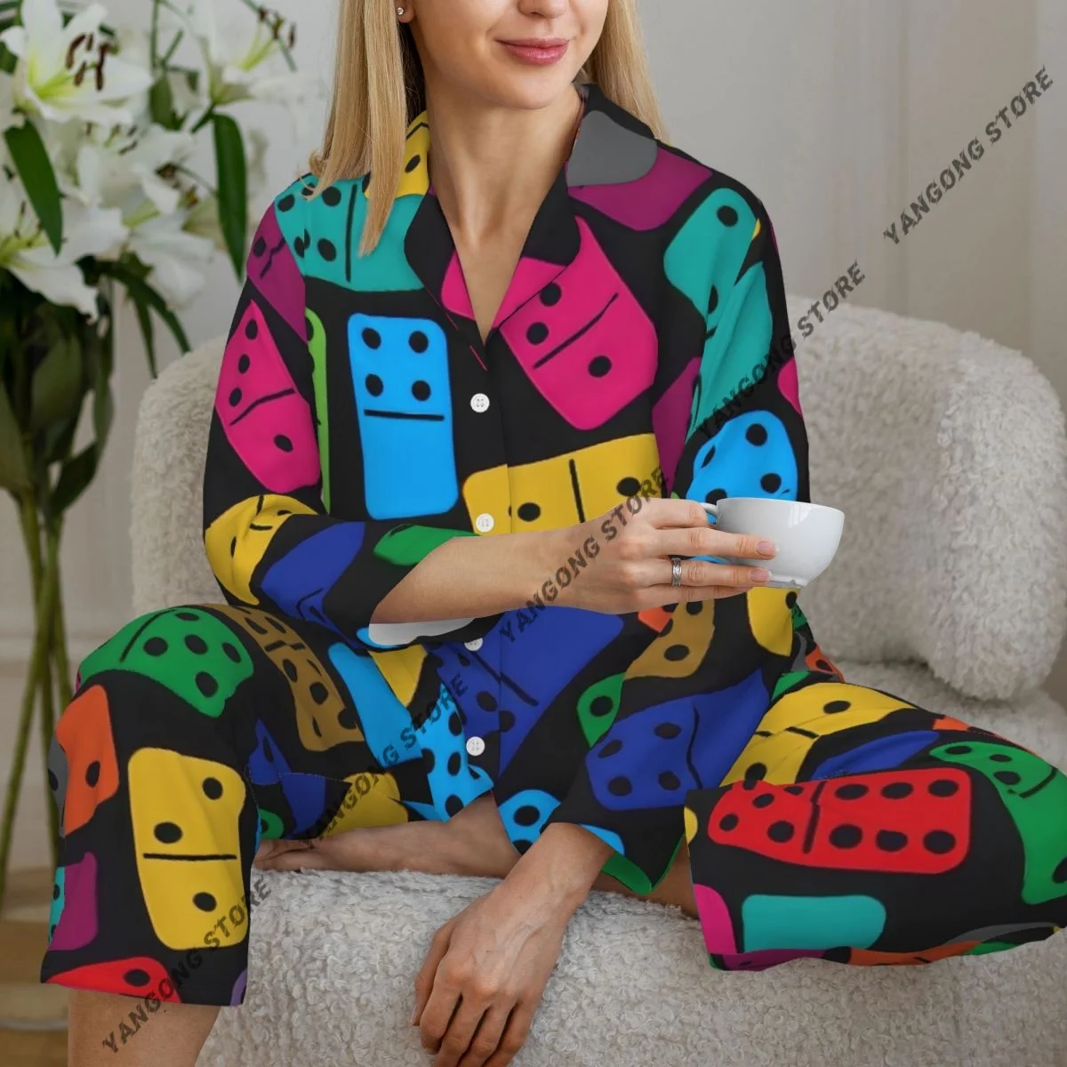 

Женская одежда для сна, домашняя одежда, красочные домино, рубашка с длинными рукавами и лацканами, брюки с эластичной резинкой на талии, пижамный комплект