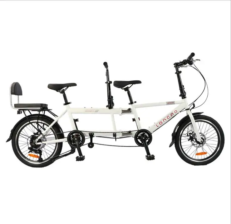 

Father and son mother and child tandem bicycle folding couple travel and sightseeing for two people riding a two-sit double