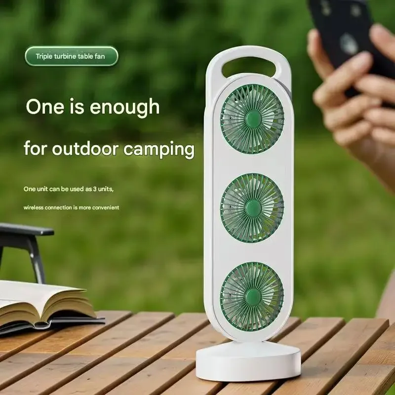 Настольный вентилятор с тройной турбиной и высоким ветром, зарядка через USB — портативный для домашнего общежития на открытом воздухе с бесшумной работой