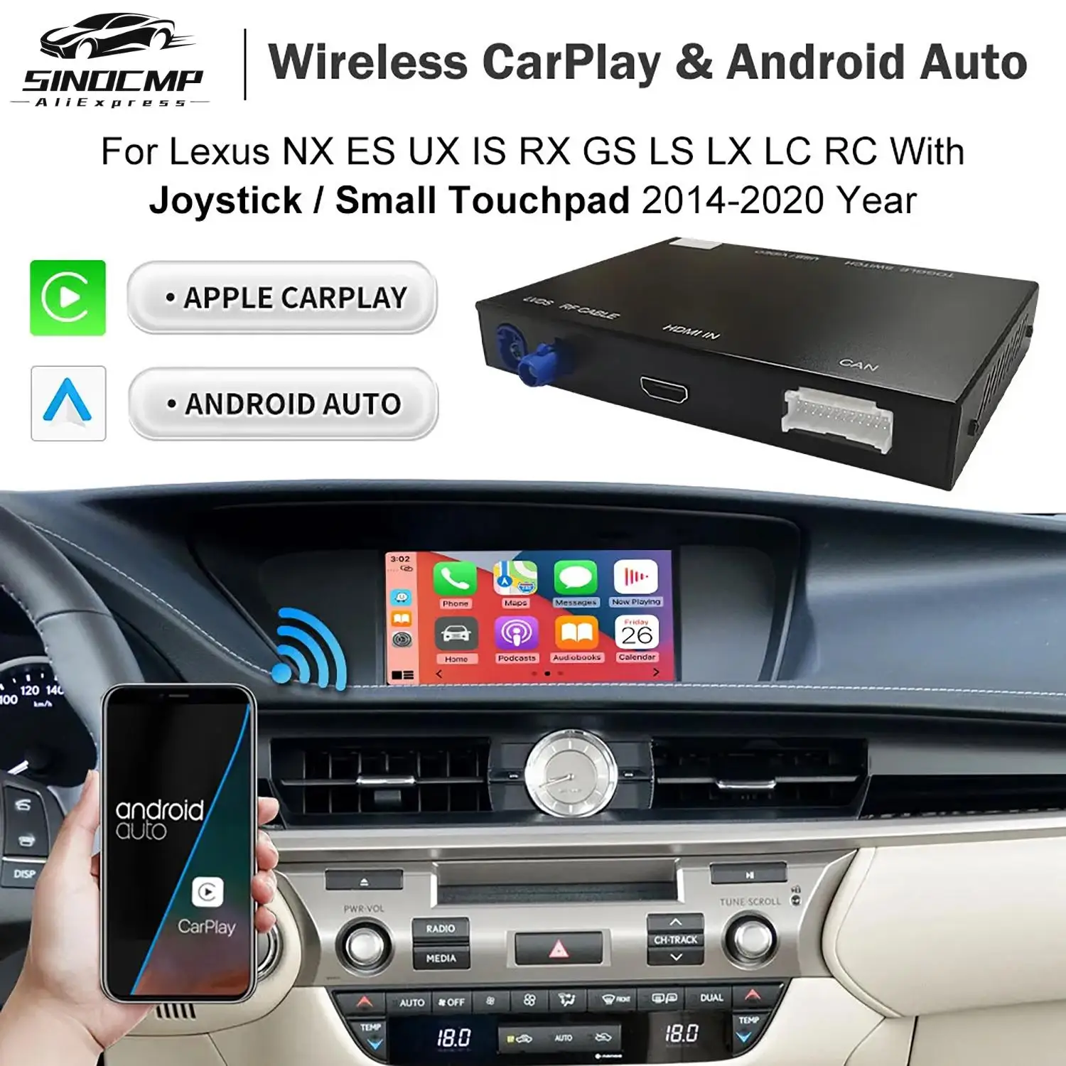 سيارة لاسلكية CarPlay Airplay مع عصا التحكم/لوحة اللمس الصغيرة لكزس NX ES UX iS CT RX GS LS LX LC RC 2014-2020