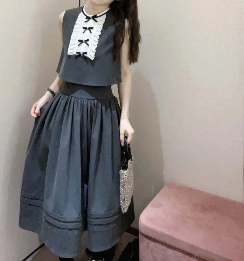 Fairy style women's dress, fashionable and sweet temperament, bow tie, fungus splicing, vest two-piece set, long skirt