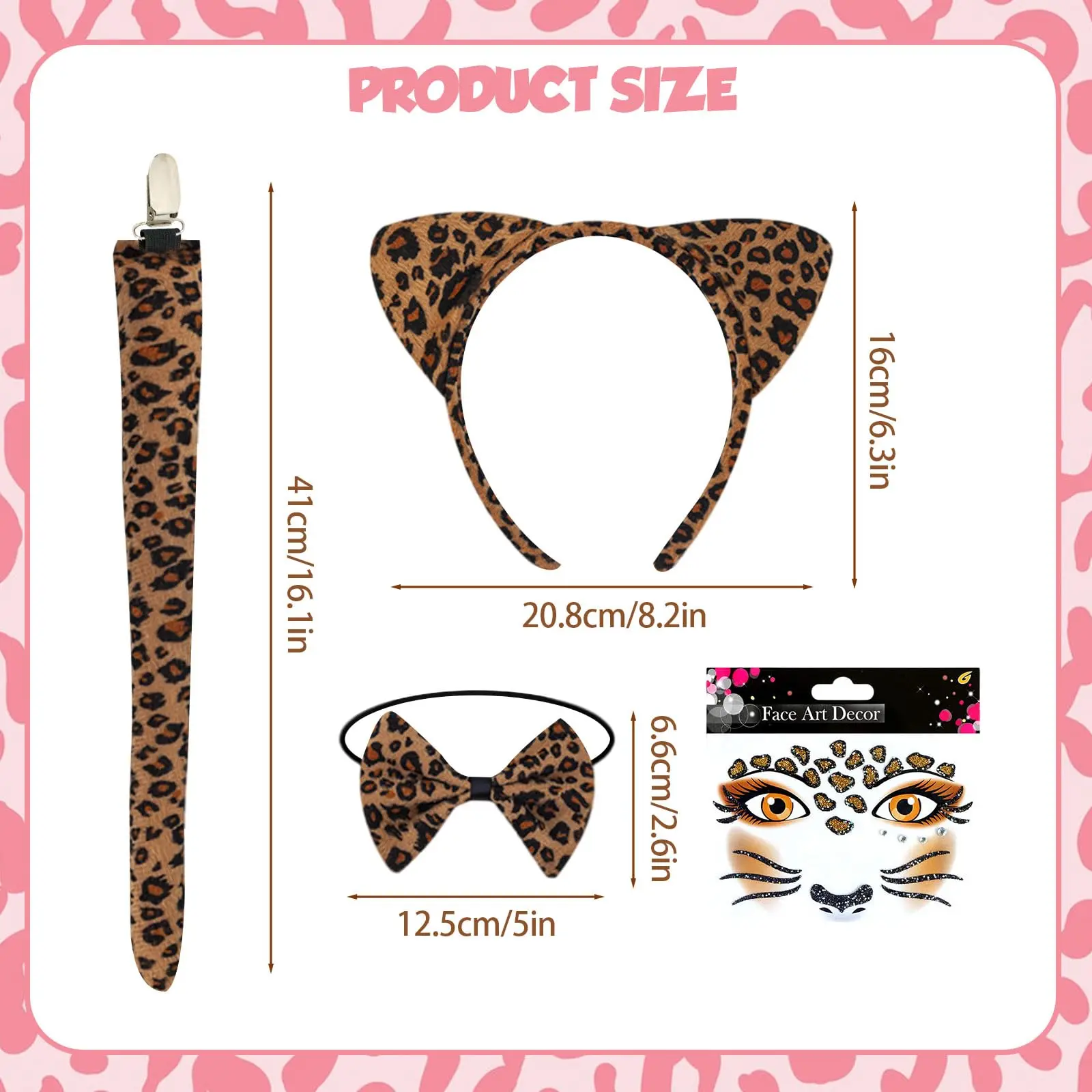 Cheetah Costume Set Women Leopard Ears Headband Bow Tie Tails Face Stickers Fluffy Animal Costume for Adults Halloween Carnival Masquerade Party Dress Up Cosplay