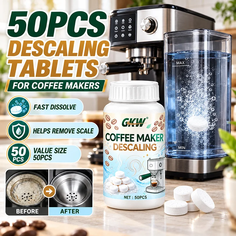 50-Pack Coffee Machine Descaler Tablets - Espresso & Drip, Removes Limescale & Coffee Oil, Restores Performance, No Residue