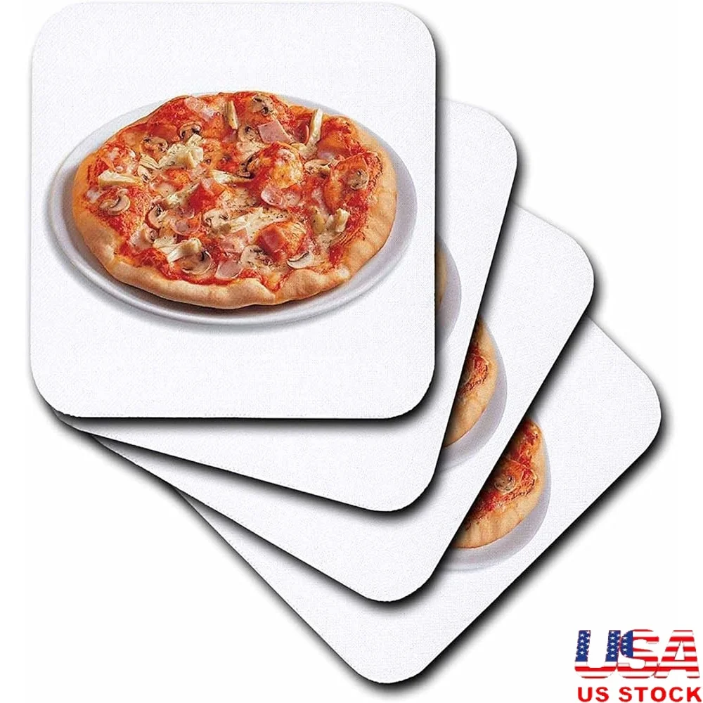 

Set of 8 Pizza Soft Coasters Square Washable Recycled Rubber Absorbent Moisture Hand Wash Dishwasher Safe Home Decor