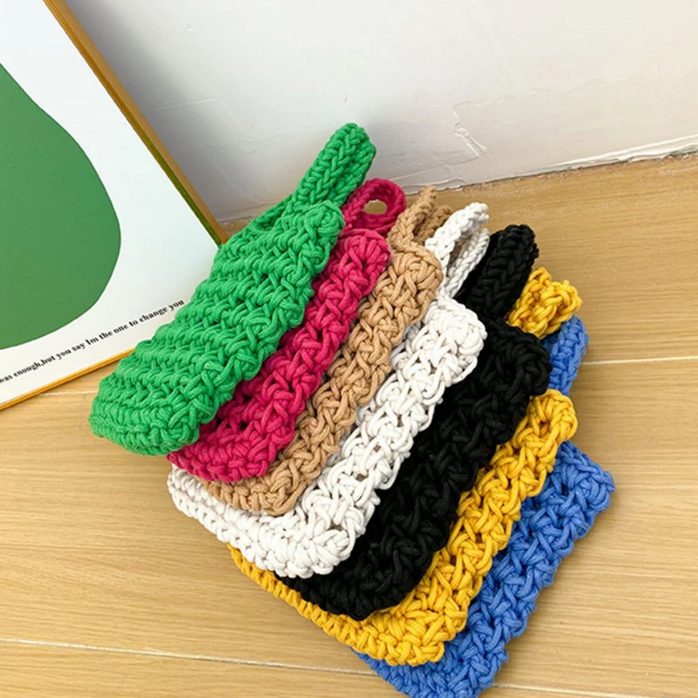 Straw Plaited Knitted Handbag Children\'s Vibrant Colors Hollow Out Shopping Tote Bag Fashion Crochet Wrist Bag Female Purses