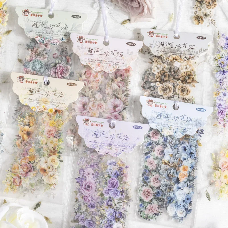 20Pcs Encounter A Sea of Flowers Series Decorative Sticker Retro Plants Collage Scrapbooking Label Diary Album Journal Planner