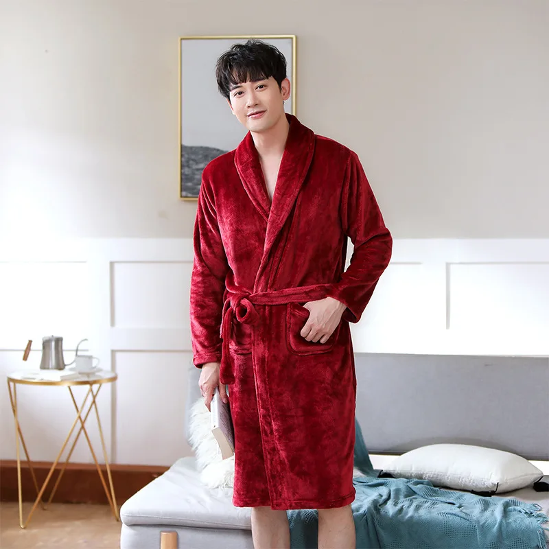 Sleepwear Coral Velvet Bathrobe  Fleece Thickened Flannel Nightwear Long Autumn Winter Cosy Thermal Pajamas Both Men Women