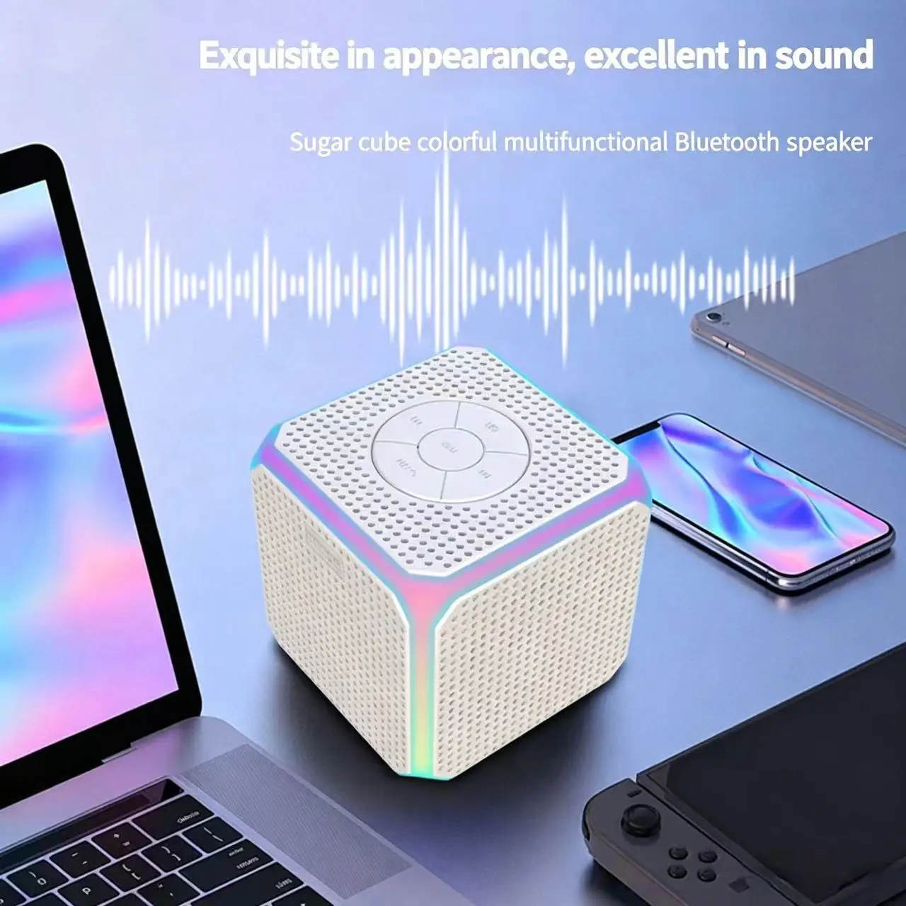 

Портативная Bluetooth-колонка Macaron Magic Cube с цветной атмосферной подсветкой, модель с функцией зарядки, подходит для дома, офиса и путешествий.