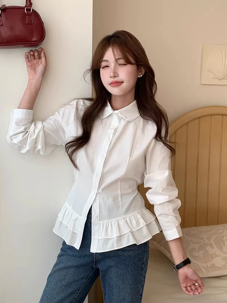 

Rejuvenating Vintage Striped Long Sve Women's irt Single Button Plaet Spring New Sle Versatile Splicing Lace Hem Top