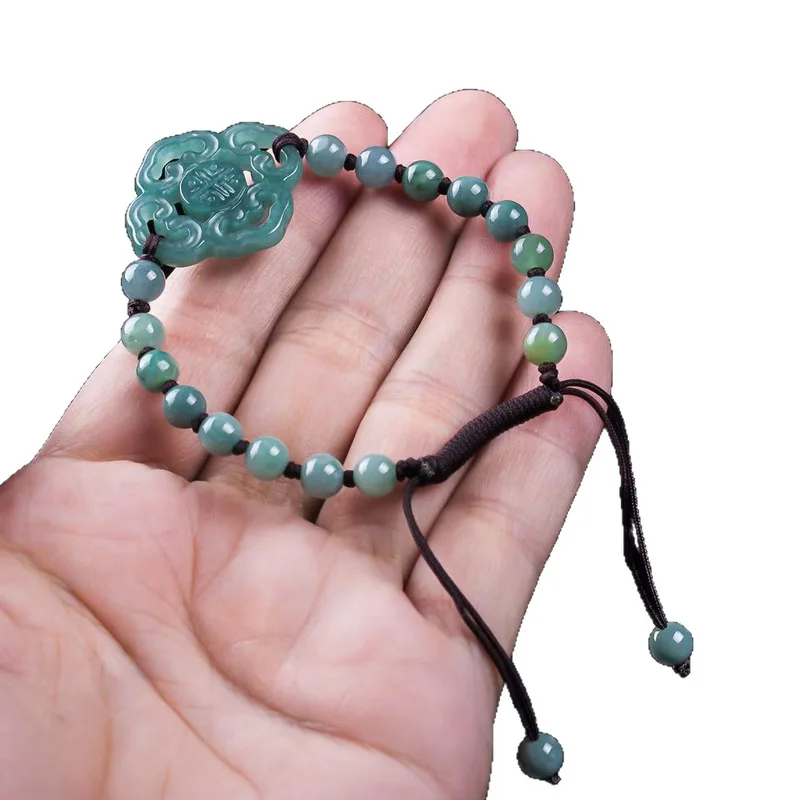 Natural Jadeite A-grade Bracelet Original Design Fashionable Blue Water Ice Type Round Bead Jewelry for Men and Women view 4