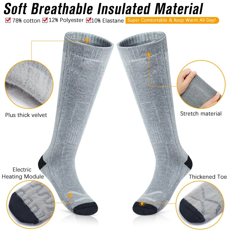 Thick outdoor ski thermal 3.7V electric rechargeable battery heated hiking coal crew socks wool hiking sock with heat for winter