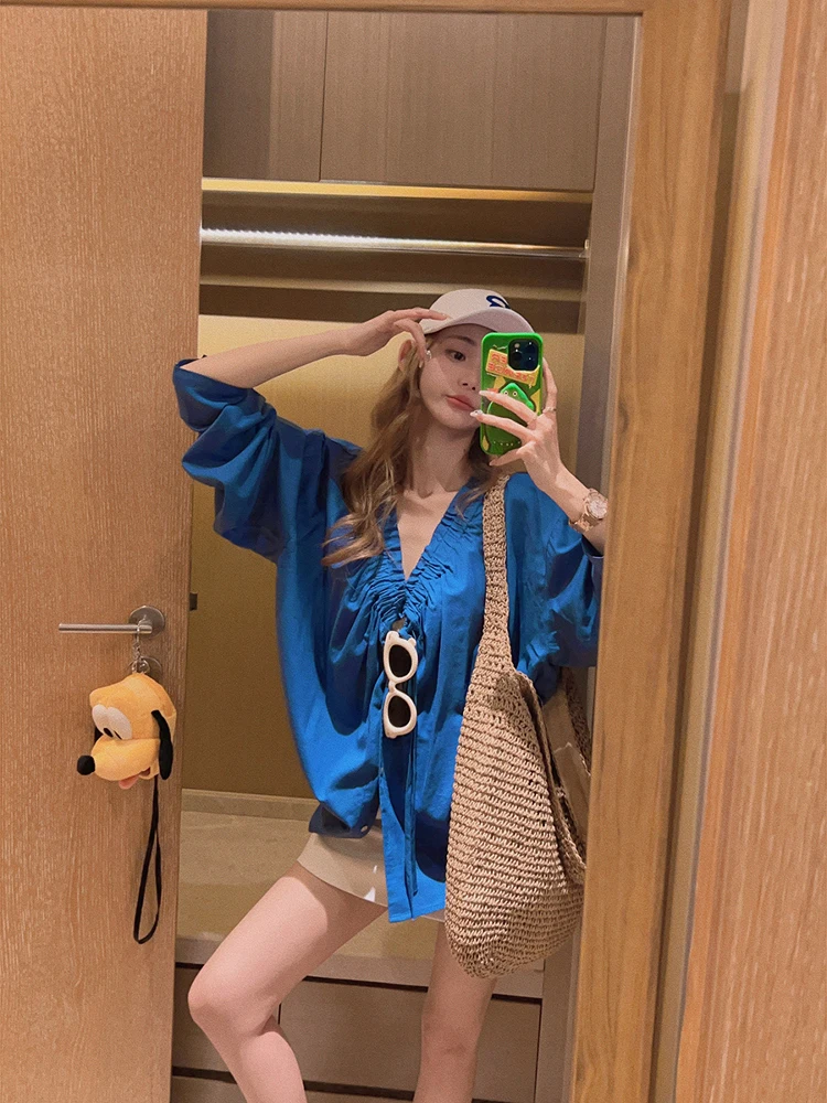 

Синяя свободная повседневная женская блузка с V-образным вырезом в корейском стиле, универсальная, удобная, с длинным рукавом, Yukiss