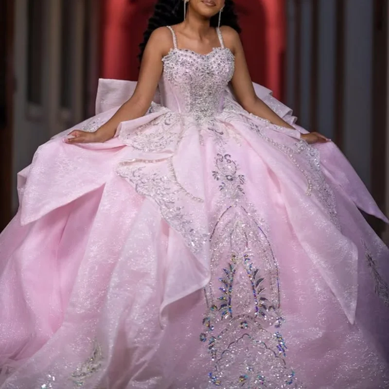 

Customized luxury Pink Quinceanera Dresses Off the Shoulder sequin crystal applique Long tail Bow Vestido 15 Quinceanera