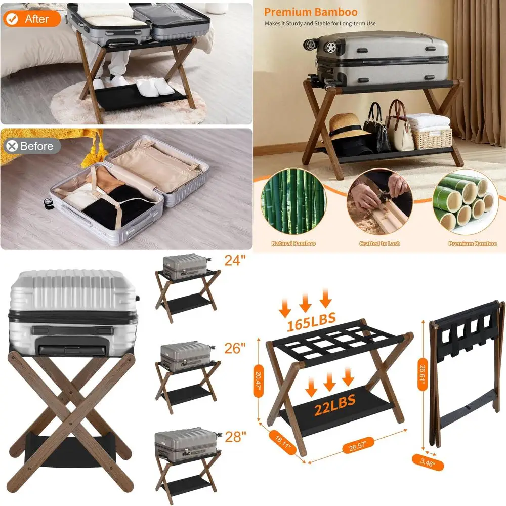 

Walnut Folding Suitcase Rack with Storage, Heavy-Duty, Holds 141 lbs for Hotels and Bedrooms