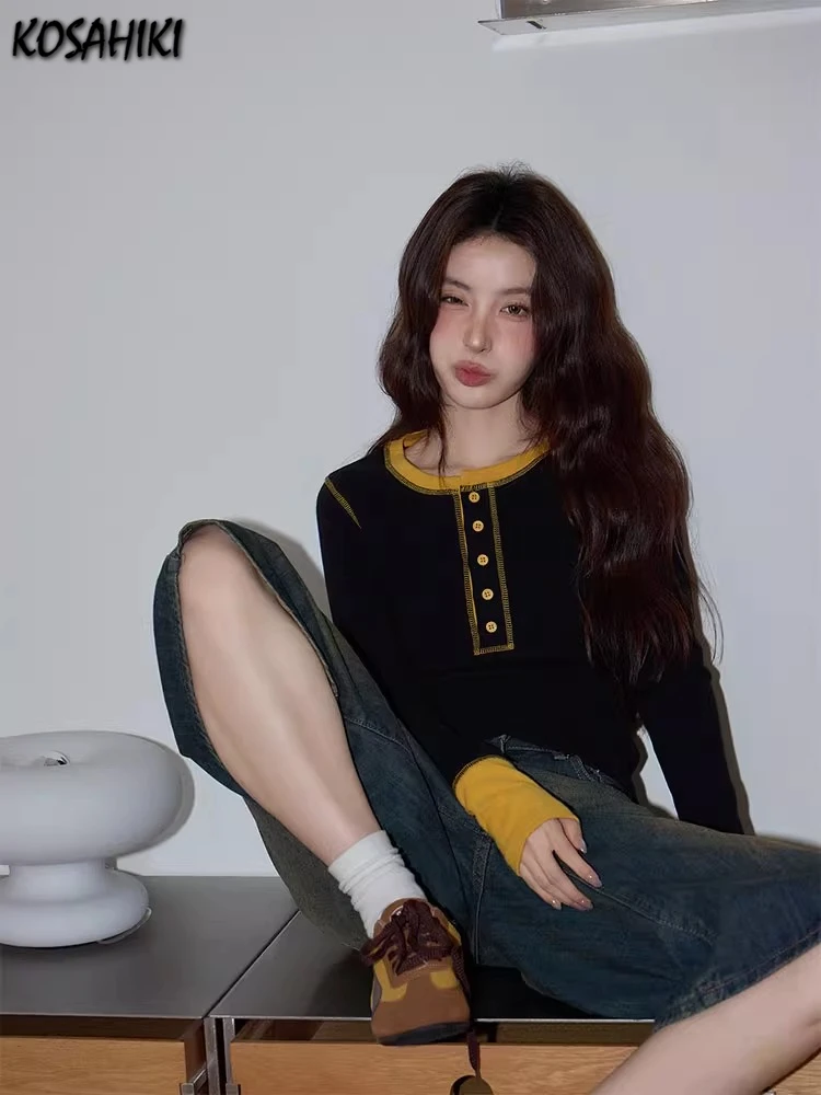 

Harajuku Fake Two Pieces Vintage T-shirts Y2k Aesthetic Casual Button Tshirts Women Contrast Color Patchwork Grunge Bodycon Tops
