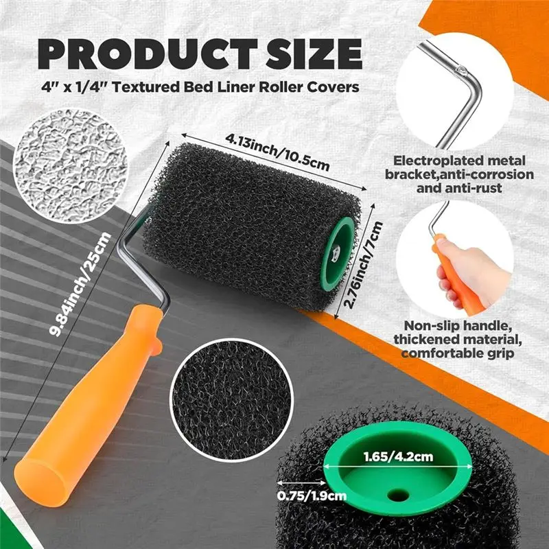 A67P-9 Pcs Textured Paint Roller Kit, 4 Inch Bed Liner Roller Covers With Frame For Truck Coatings And Non-Slip Surfaces