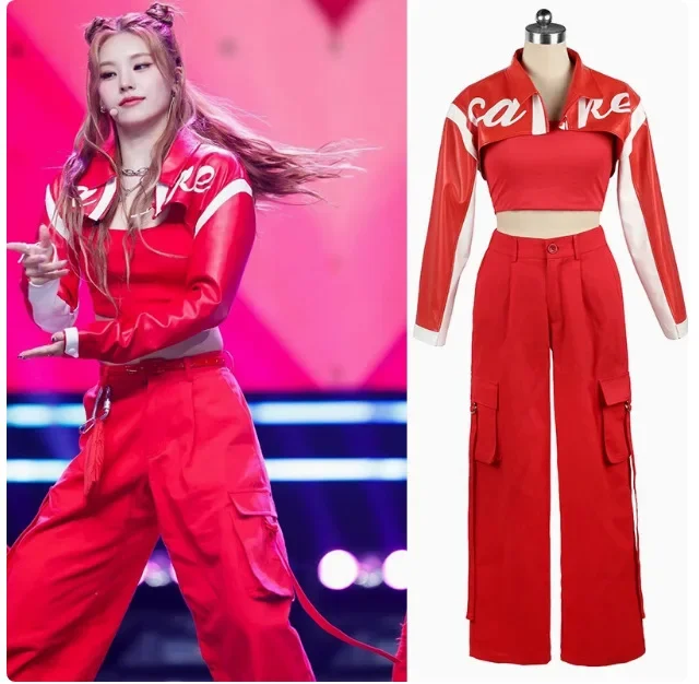 Rotes, dehnbares, figurbetontes Kpop-Girlgroup-Jazz-Tanzkostüm-Set für Damen, Bühnenkostüm für Erwachsene, Gruppentanz-Show-Kleidung – Detail 11