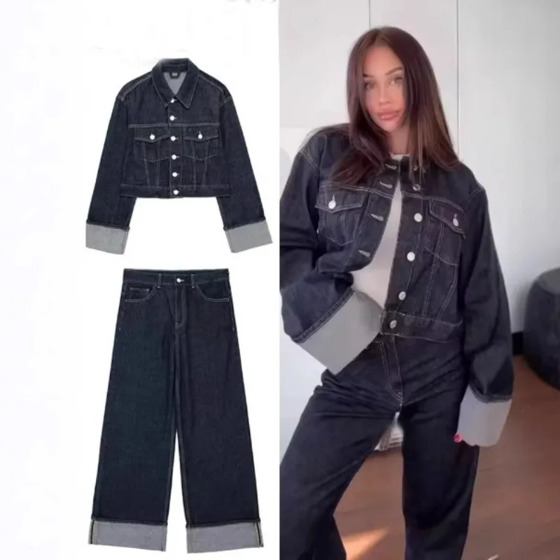 Autumn Denim Jacket Rolled Hem Women's Jeans