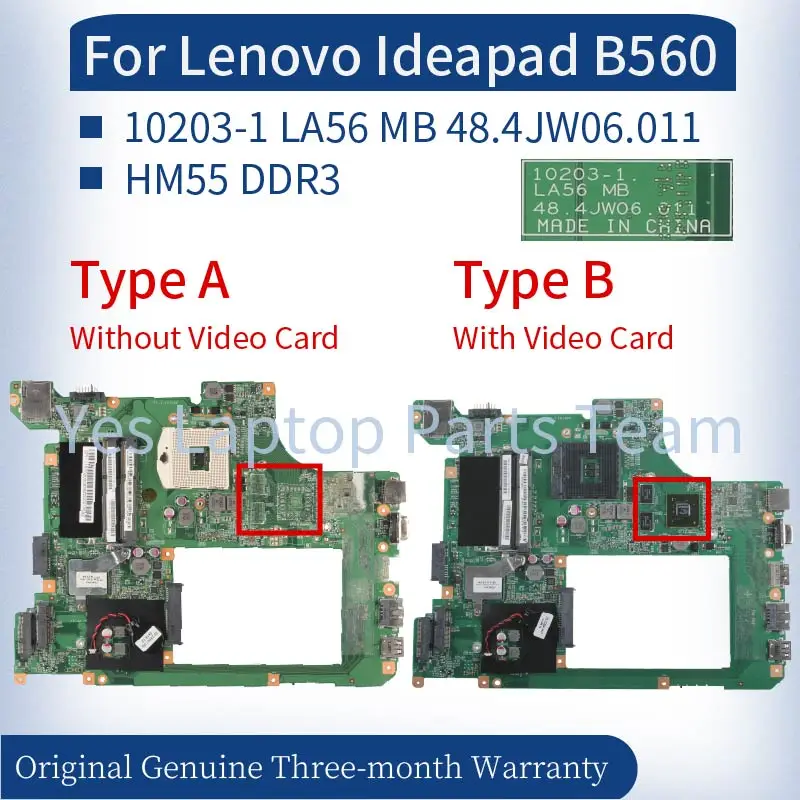 10203-1 LA56 For Lenovo Ideapad B560 Laptop Mainboard 11012613 11012616 11012614 48.4JW06.011 HM55 DDR3 Notebook Motherboard