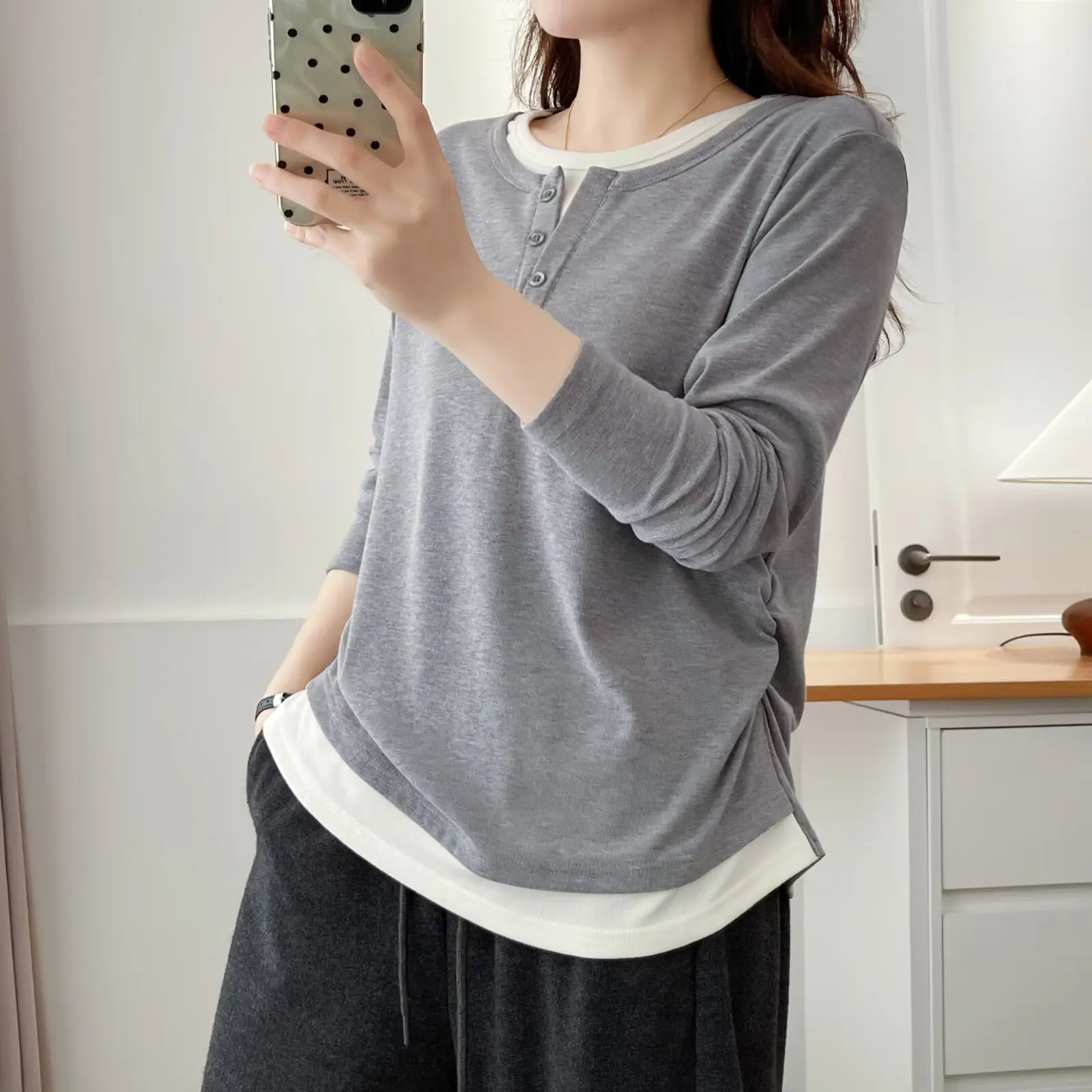 

XXXXL Fashion Plus Size Women's T-Shirt Fake 2 Pieces Long Sleeved Stylish Tops Autumn Oversized Fold Side Base Tees 8223