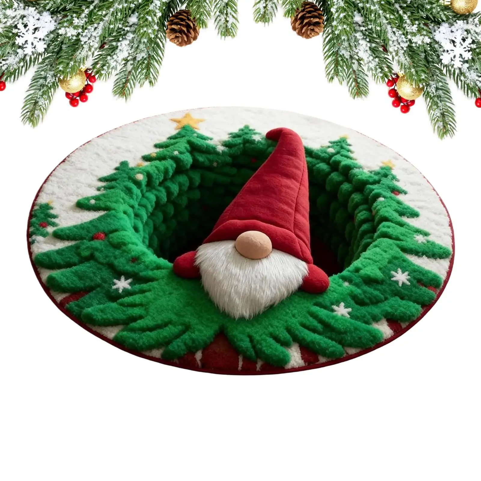 2D Flat Christmas Carpet 3D Visual Optical Illusion Rugs Non-slip Christmas Floor Mat Decor Optical Illusion Gnome Round Rugs
