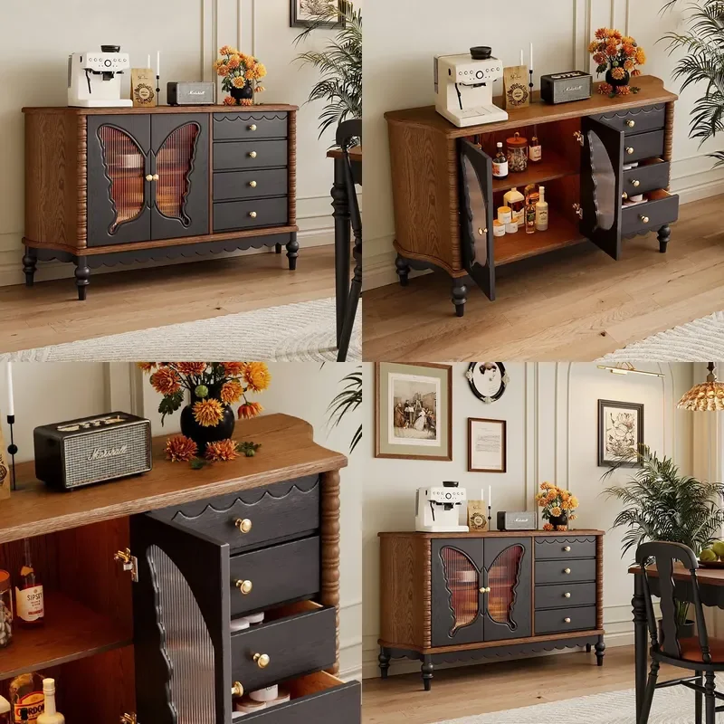 French Retro Solid Wood Sideboard Medium Antique Storage Cabinet Entryway Decorative Console with Elegant Color Matching