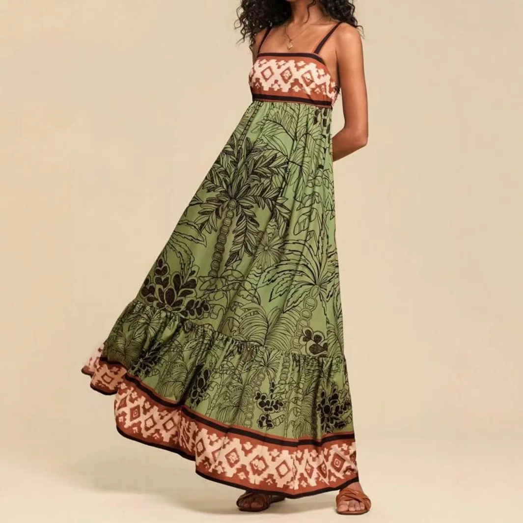 

Women's Bohemian Style Print Spaghetti Strap Long Dresses Fashion Summer Beach Vacation A-line Maxi Dress Female Streetwear 2025