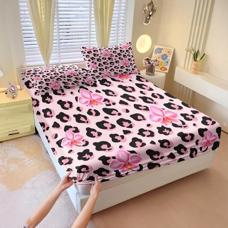 3pcs Pink Leopard Fitted Sheet Set (1 Fitted Sheet + 2 Pillowcases, No Pillow Inserts) Soft Microfiber Bedding Set for Bedroom