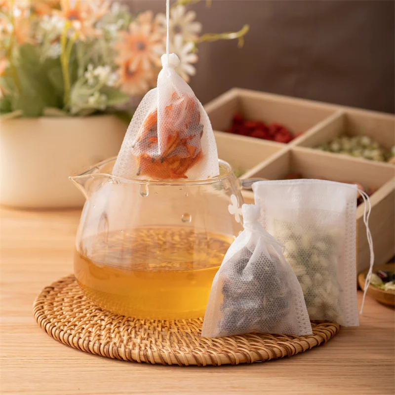 100pcs Disposable Tea Bags Non-woven Fabric Tea Filter Bag Empty Pocket Drawstring Bag for Spice Tea Infuser Kitchen Accessories