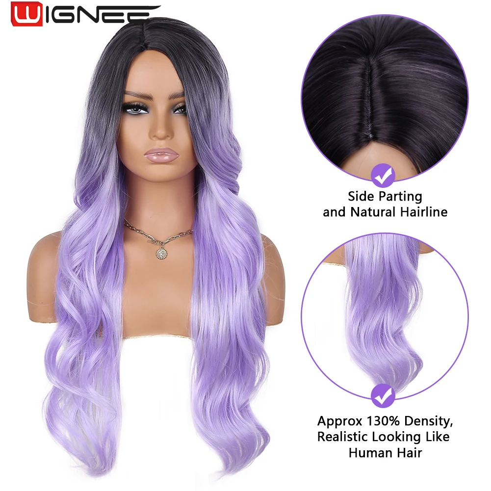 WIGNEE Ombre violet perruque vague de corps bleu clair bleu perruque Karol G longues perruques ondulées pour les femmes côté partie résistant à la chaleur cheveux synthétiques cosplay vie quotidienne