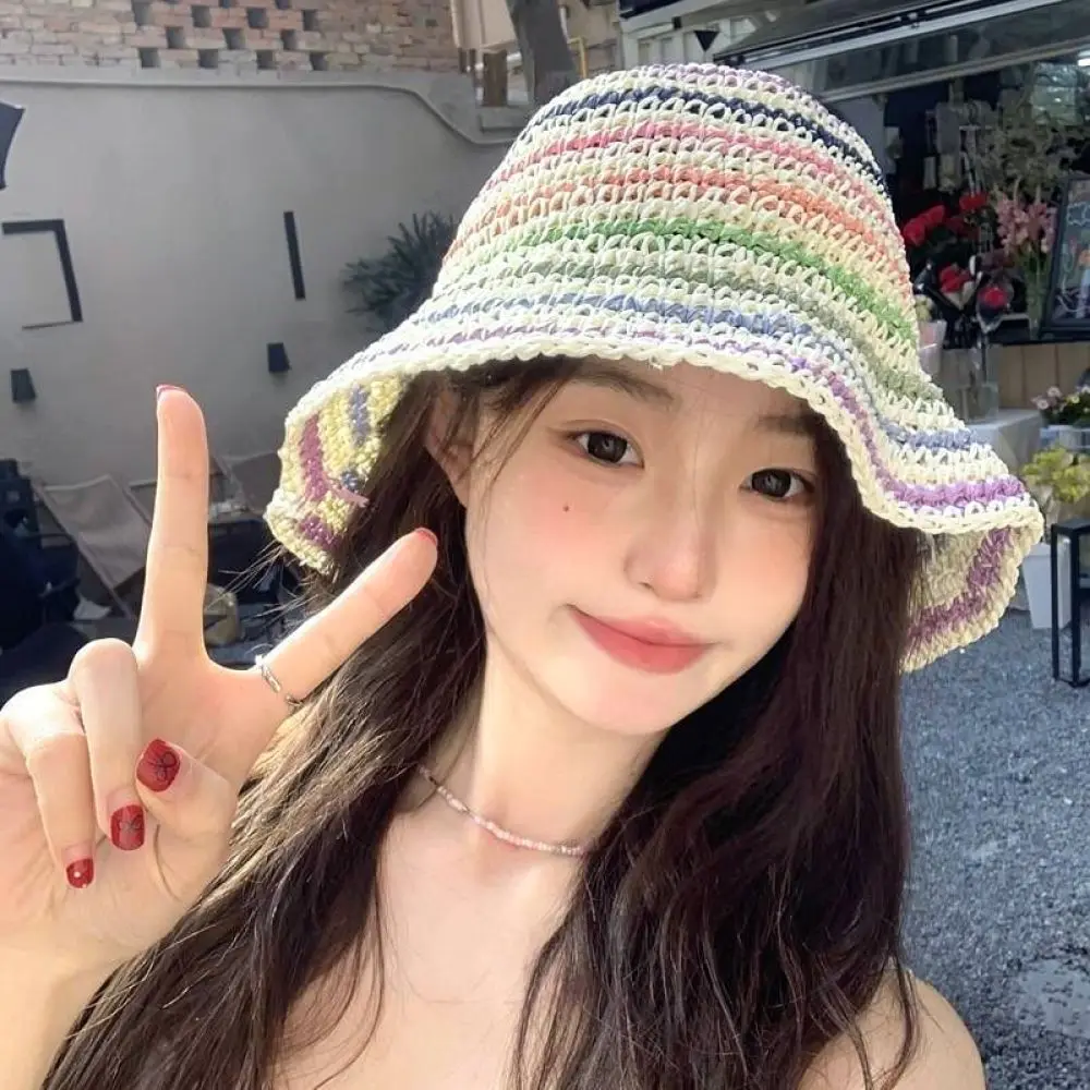 Handmade Knitted Bucket Hat Women Colorful Striped Crochet Cap Spring Summer Breathable Sun Protection Fashionable Beach Visor
