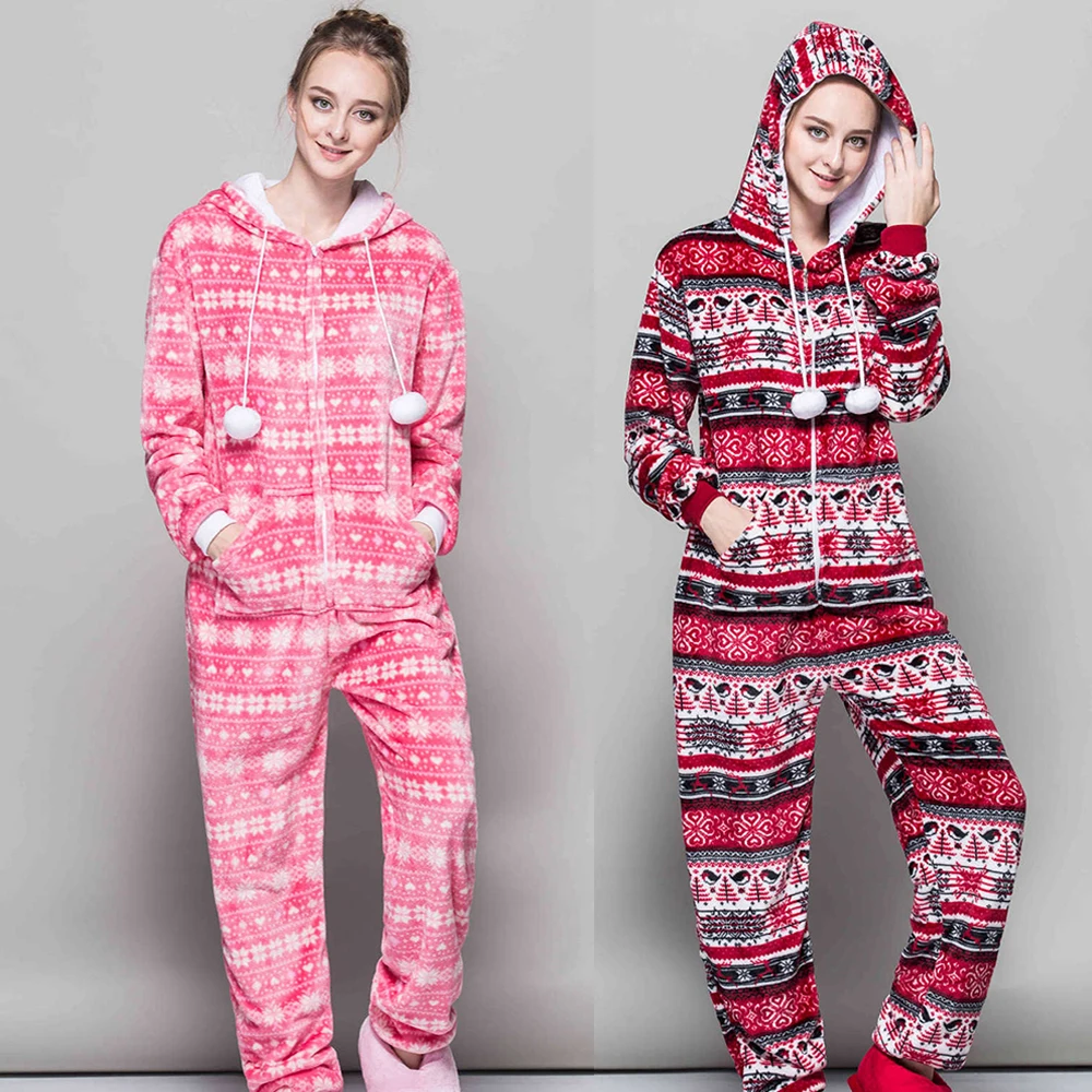 

New Winter Christmas Flannel Onesies For Women One-Piece Pajamas Snowflake Print Warm Soft Sleepwear Long Sleeve Jumpsuit Pijama