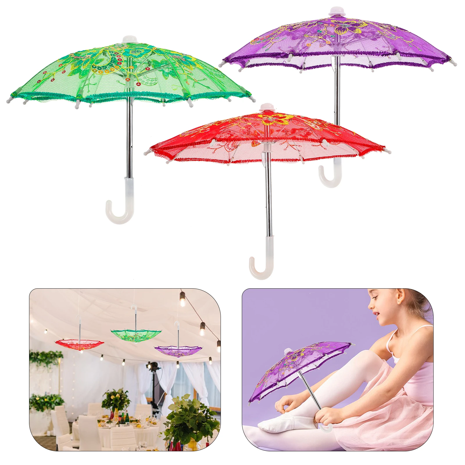 

3pcs Compact Lace Umbrella Small Bridal Wedding Parasol Vintage Decorative Photo Prop Lightweight Comfortable Handle