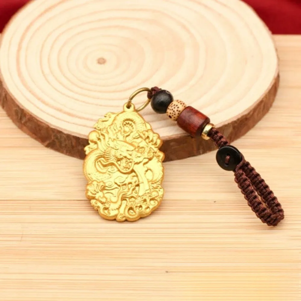 2 Pcs Vintage Golden Dragon Pendant Keychain Charms, Chinese Lucky Dragon Amulet Car Rearview Mirror Hanging Ornaments, Hand Woven Beaded Rope Bag Key Holder for Men Women Good Fortune Gift