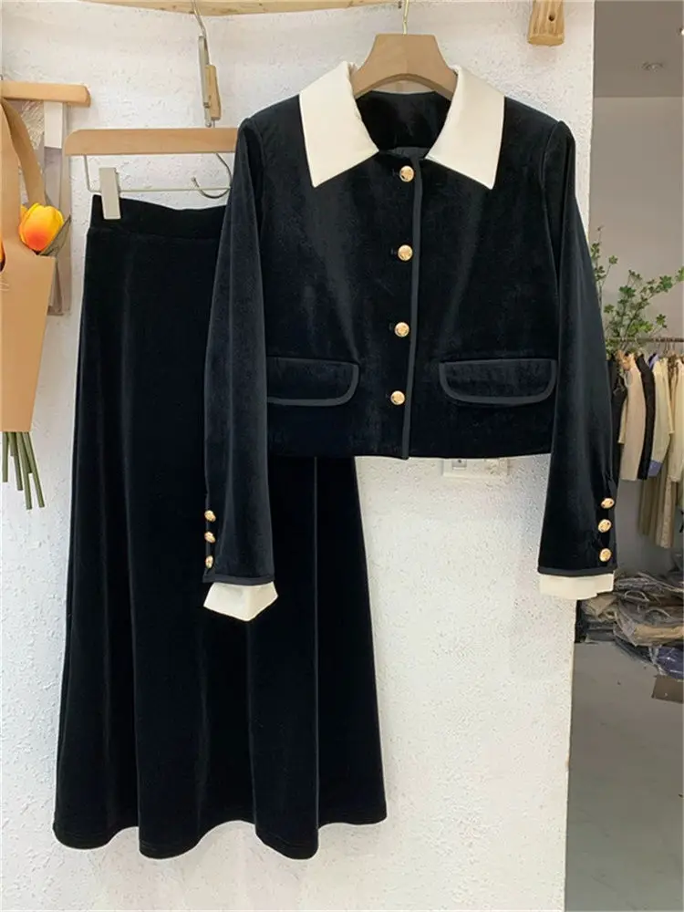 Two Piece Set Of Contrasting Doll Neck Jacket Top And Half Skirt For Women\'s 2023 Autumn Temperament Small Fragrant Velvet