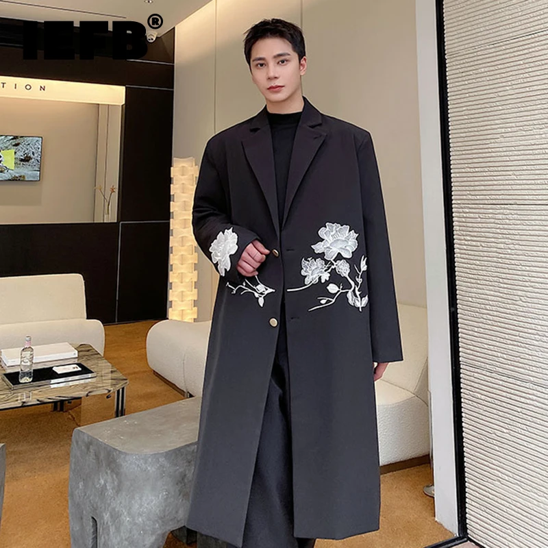 

IEFB Men Overcoat Autumn Winter New Chinese Embroidery Long Coat Trend Knee High Trench Casual Male Printing Windbreaker 9C1927