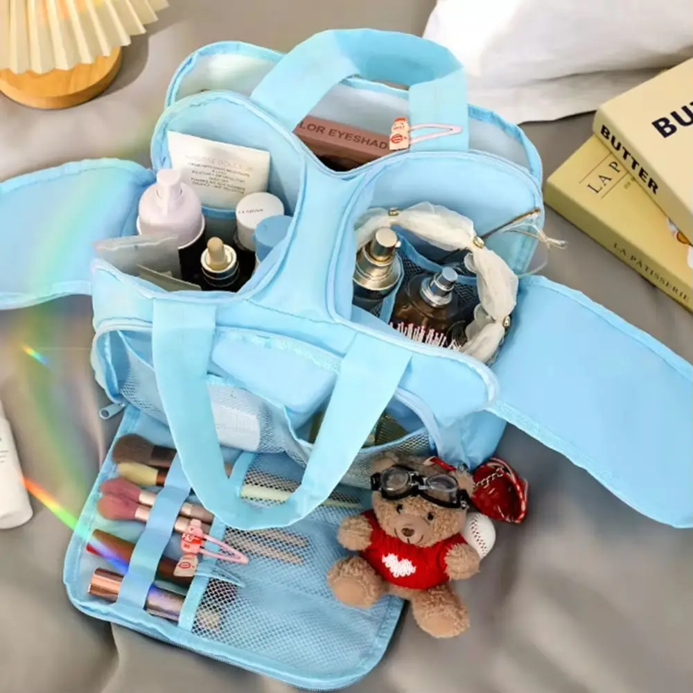 Multipocket Design Cosmetic Handbag Double Side Open Comfortable Handle Makeup Organizer Checkered Pattern Water-Resistant