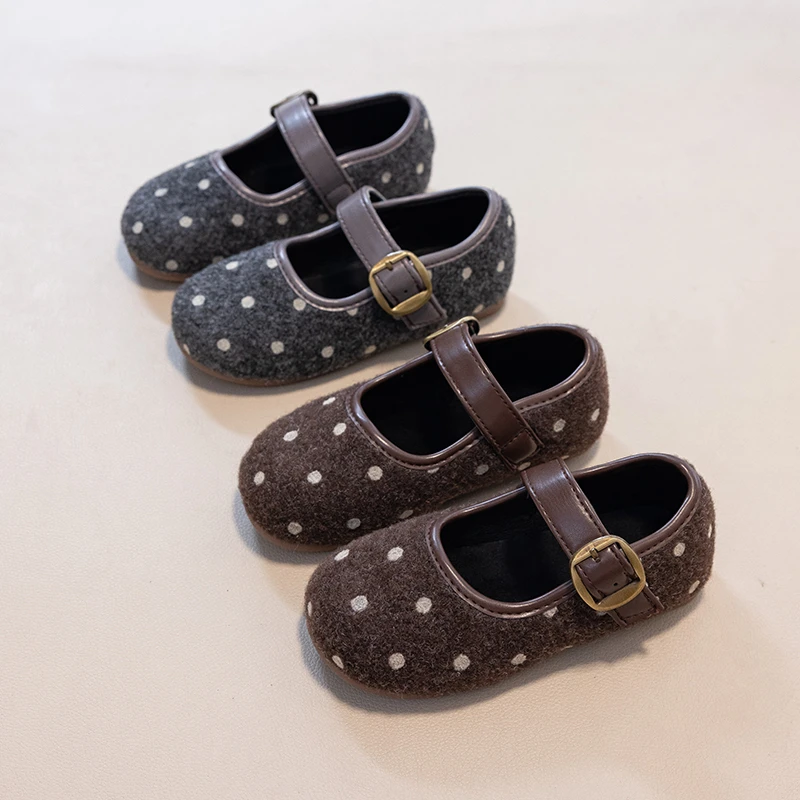 Winter Fashion Toddler Little Girls Princess Shoes Woolen Polka Dot Strap Buckle Warm Cozy Comfortable Flat Shoes for School