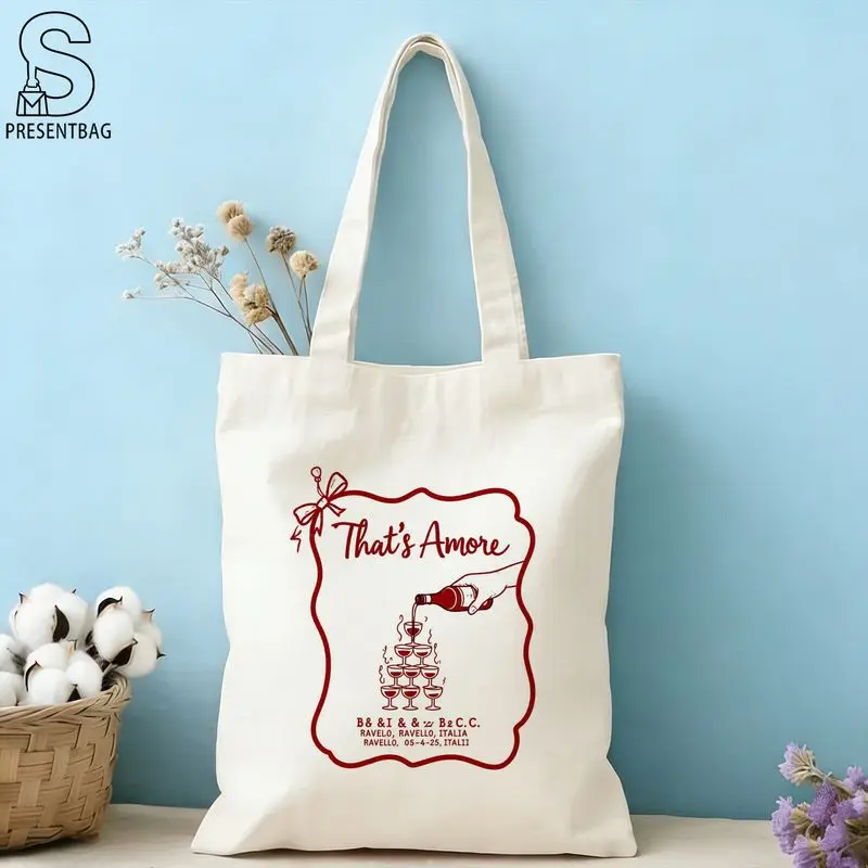1pc, Vintage Italian Romantic Hand-painted Printed Bag, 'Wine and Champagne Tower' Themed Tote Shopping Bag, Vintage Lace-up Gif