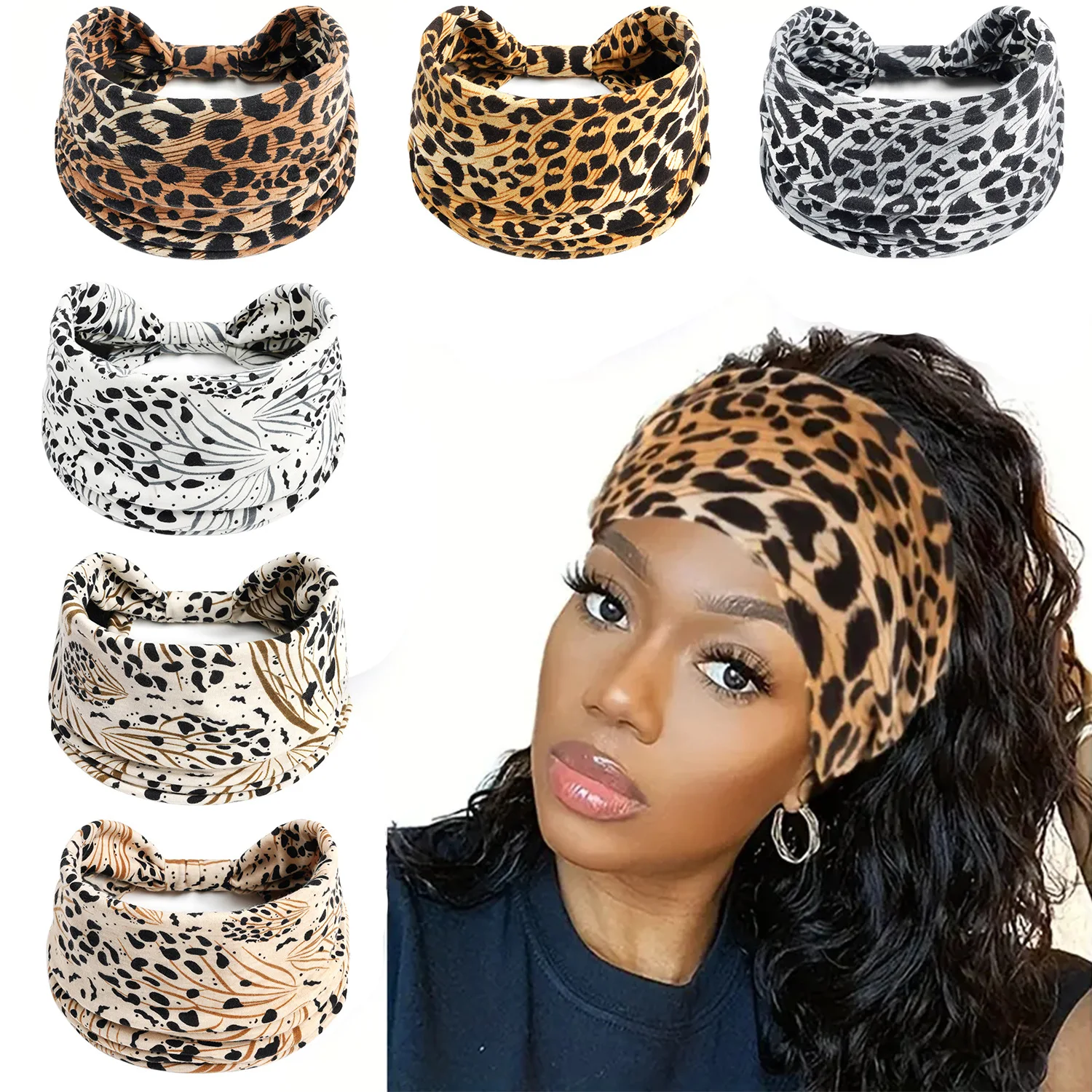 Breite Stirnbänder für Damen, geknotetes Turban-Stirnband, elastisch, rutschfest, Boho-Kopfwickel, Workout, Leopardenmuster, Yoga, Baumwolle, Haarschals