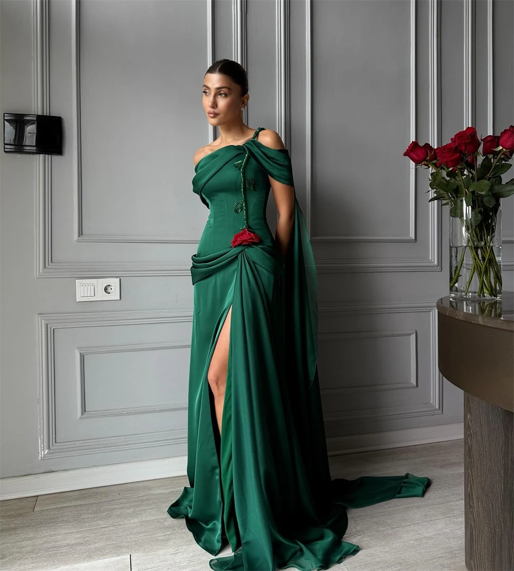 

Customized Simple Green Satin Evening Dress Formal Boat Neck Off the Shoulder Party Dress Sexy Straight Sweep Train Prom Dresses