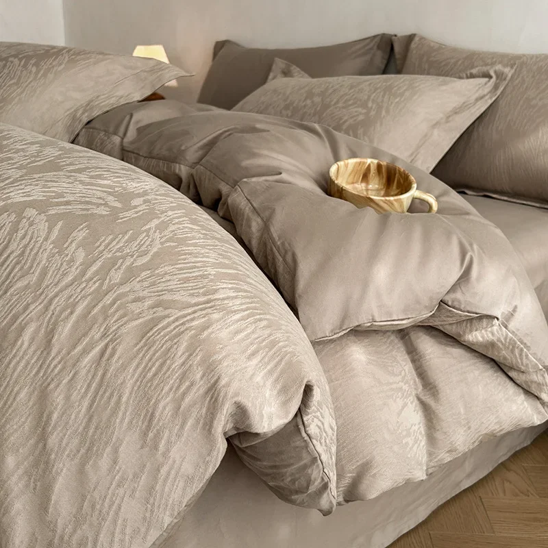 Grade A 60S 100% Long Staple Cotton Satin Jacquard Bedding Set Duvet Cover Flat Sheet Pillowcases 3 Or 4 Pcs For Dorm Home Use