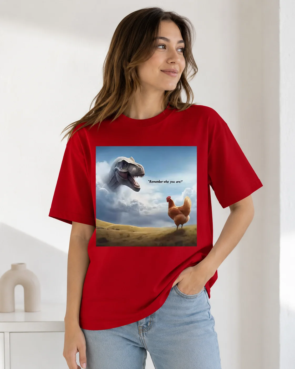Remember Who You Are! Dinosaur Chicken Fun T-shirt High Street Fashion Trend T-shirt Men's and Women's Short Sleeved T-shirt
