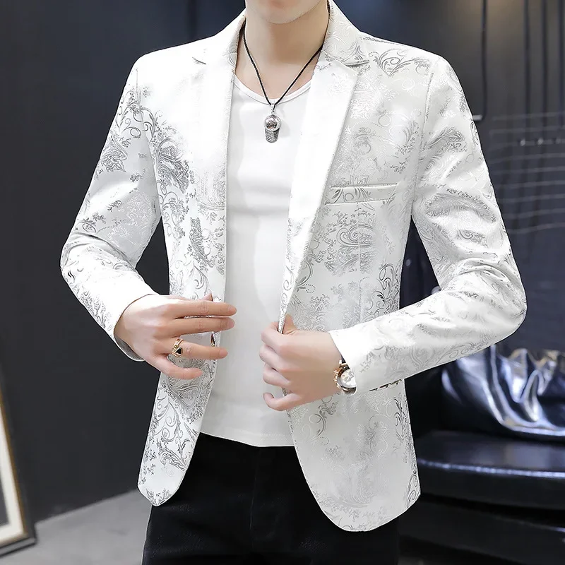 HOO 2024 Men slimmed-down bronzing blazer Youth personality print suit jacket