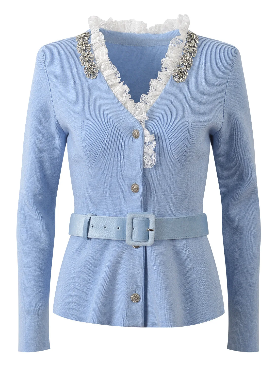 

Faionable Versatile Lace Splice V-Ne Belted Diamond Decorated Top Women's Knitted Cardigan Winter 2025 Ele Quali