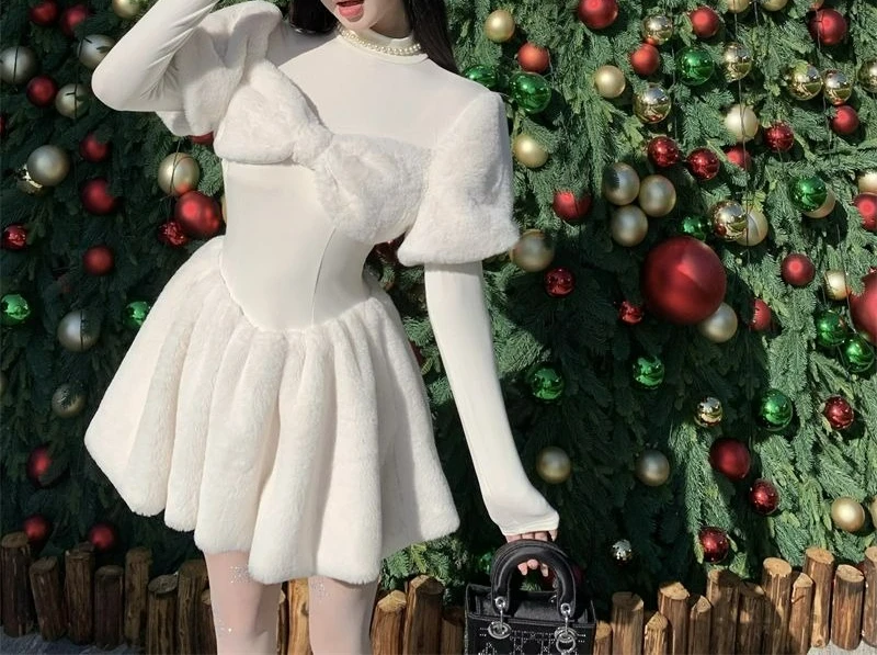 Sweet Temperament Bowknot Furry Patchwork Princess Dress Autumn New Christmas Waist-Slimming Flower Bud Fairy Short Dress