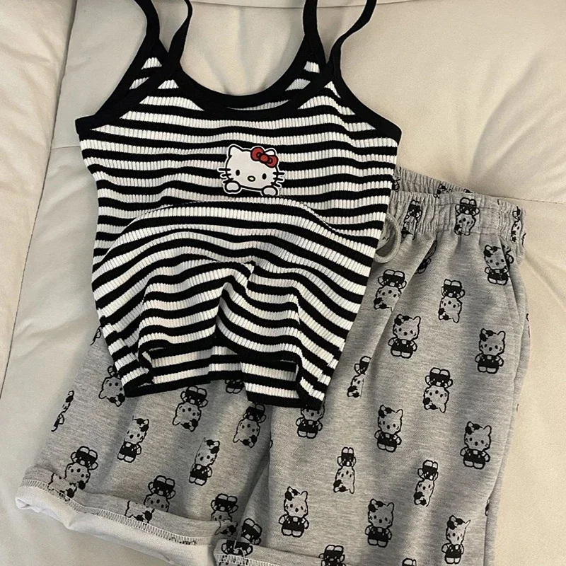 Sanrio Hello Kitty New Kawaii Summer Sweet Spicy Cartoon Print Camisole Pajamas Women Undershirt Shorts Homewear Suit Outside