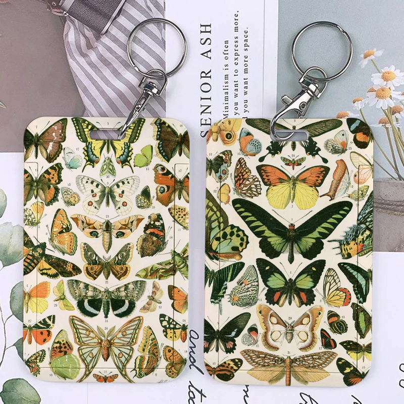 Retro Vintage Butterfly Keychain Card Holder Keychains Insect Botanical Plant Holders Bank Bus ID Credit Cards Key Ring Chains